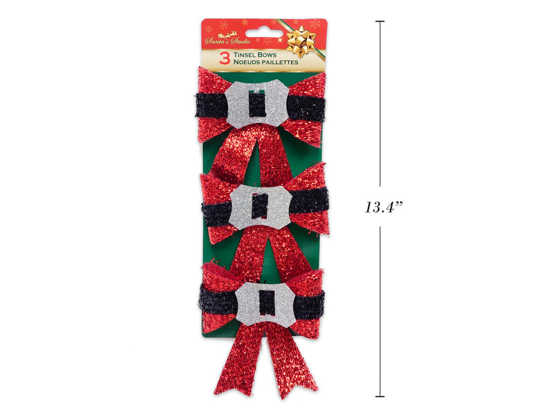 3Pk 4In X 4In Tinsel Santa Suit Bow. 2-3-8In(W). H-C.