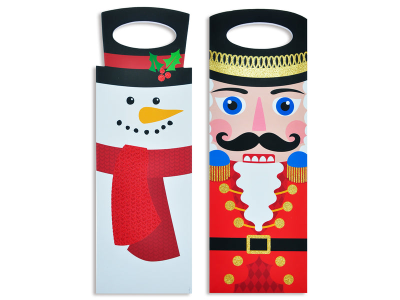 Xmas Matte W- Glitter Die-Cut Handle Bottle Bag. 2 Asst. Nutcracker - Snowman