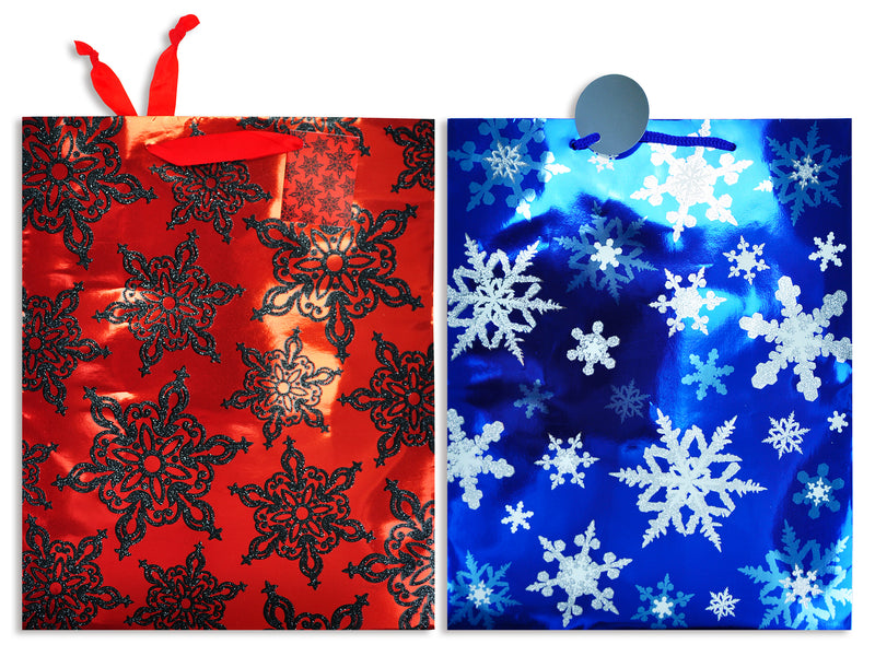 Xmas Metallic W- Glitter Snowflake Giftbag - Med. Glitter W- Pp Handle. 2 Asst. 2-Side Printing.