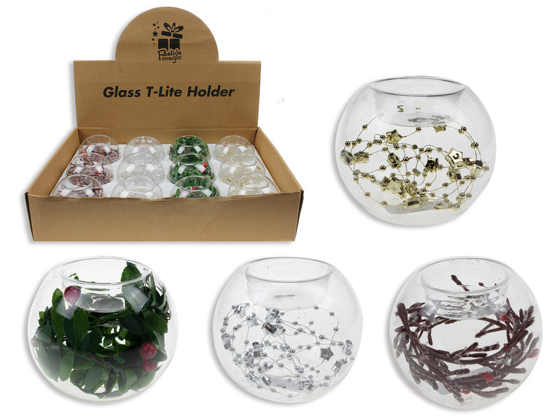 80Mm Glass Candle Holder In Dsp. 4 Asst. 12-Dsp. Mistletoe-Gold Pearl-Silver Pearl-Berries Branch.