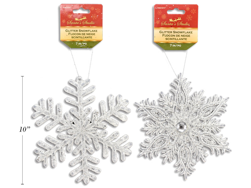 7In White Glitter Hanging Snowflake Decoration. 4 Asst.: Styles. H-C.