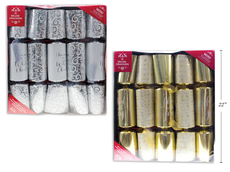 10pk Xmas Deluxe Crackers w/ Toy, Paper Hat & Instruction. 2 Asst.: Gold/Silver. Colour Box.