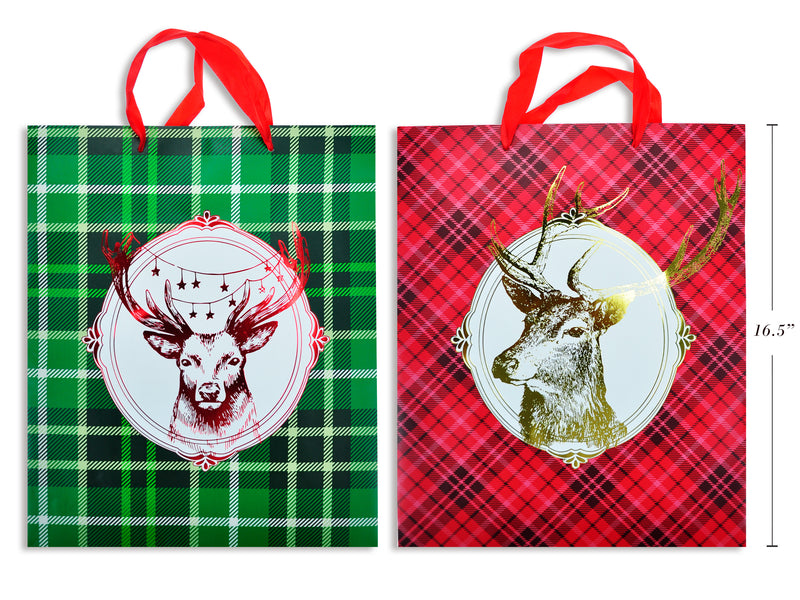 Xmas Matte Tartan Deer Mantle Hot Stamp Giftbag- Jumbo. Satin Ribbon Handle. 2 Asst. J-Hook.