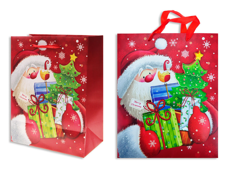 Xmas Matte Pop-Up W-Glitter Santa Present Giftbag- Med. Matte Finish W-Satin Ribbon Handle. J-Hook.