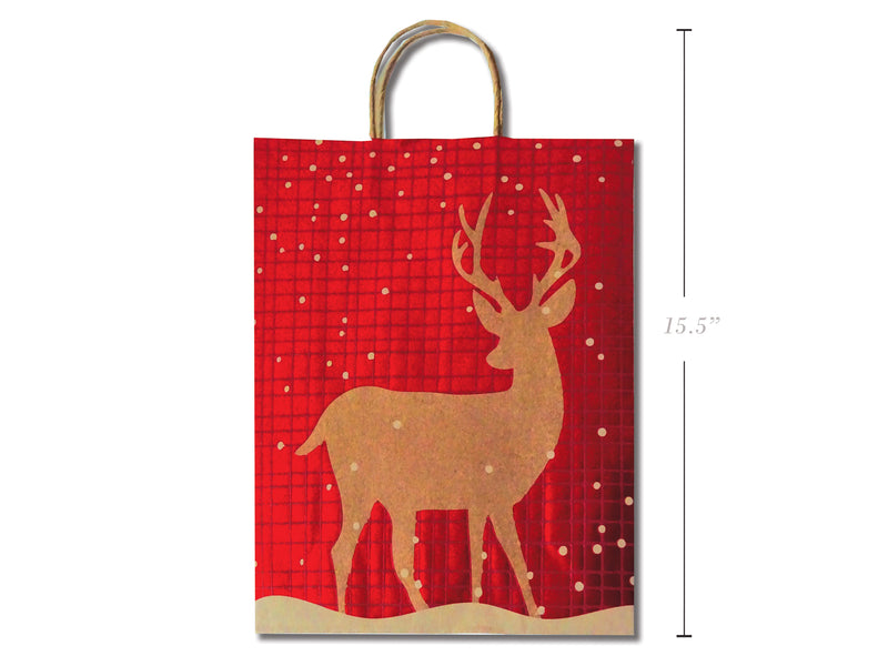 Xmas Kraft Reindeer W- Red Foil Hot Stamp Giftbag- Large. Twisted Kraft Paper Handle.