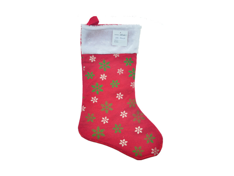 19In Xmas Red Tinsel Snowflake Print Stocking. 4In Cuff. J-Hook W- Hangtag.