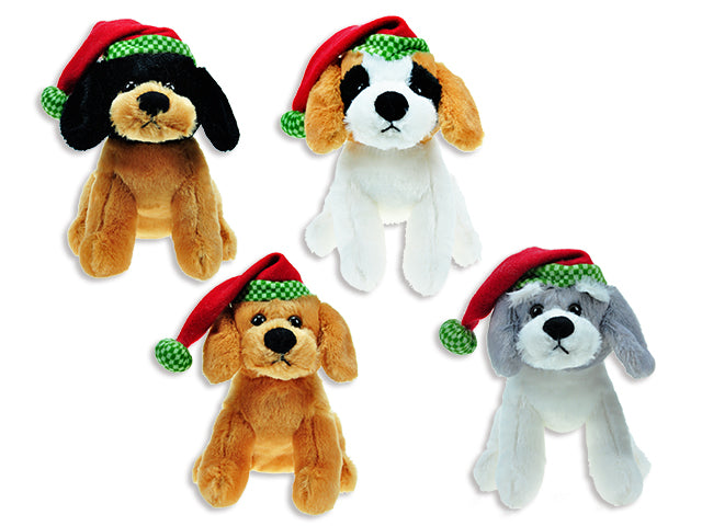 7in Xmas Puppies Plush w/ Xmas Hat. 4 Asst. Hangtag.