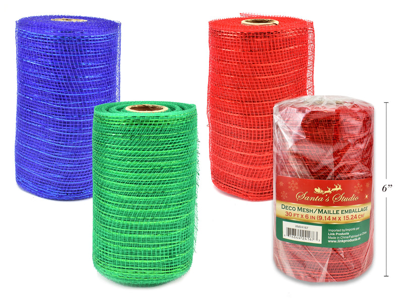 6In X 30Ft Xmas Tinsel Deco Mesh. 3 Asst.Colours: Red - Green - Blue. Bag W- Insert.