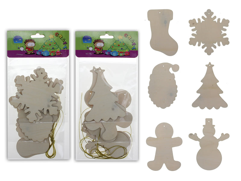 6pk Wodden Paint-Your-Own Ornament w/ Gold Hanger. 2 Asst. Pbh.