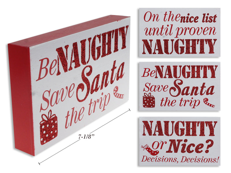 7-1/8in x 4-3/8in Xmas MDF Glitter Naughty Saying Block