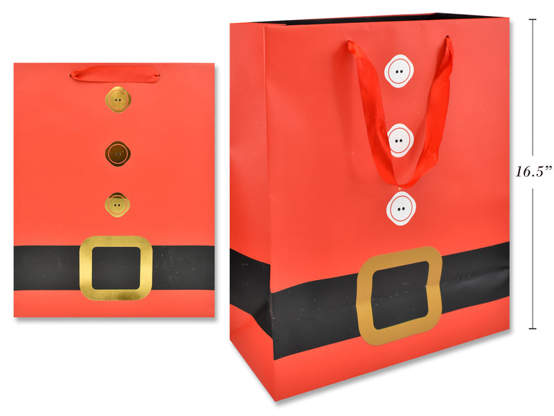 Xmas Matte Santa Suit Giftbag w/ Gold Foil Hot Stamp Belt. Black Grosgrain Handle-Jumbo. J-Hook.