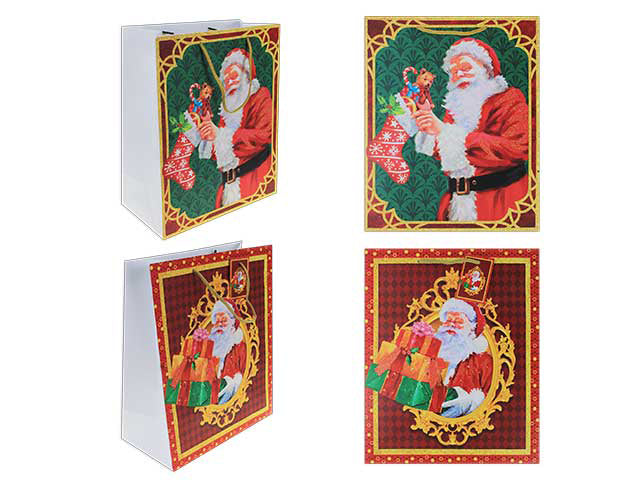 Xmas Matte Traditional Glitter Giftbag - Jumbo. PP Handle w/ Tag. J-Hook.