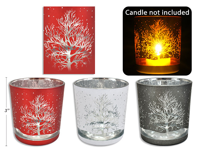 3-1/8IN (H) LASER CUT WINTER SCENE MIRRORED GLASS CANDLE HOLDER. 3 ASS