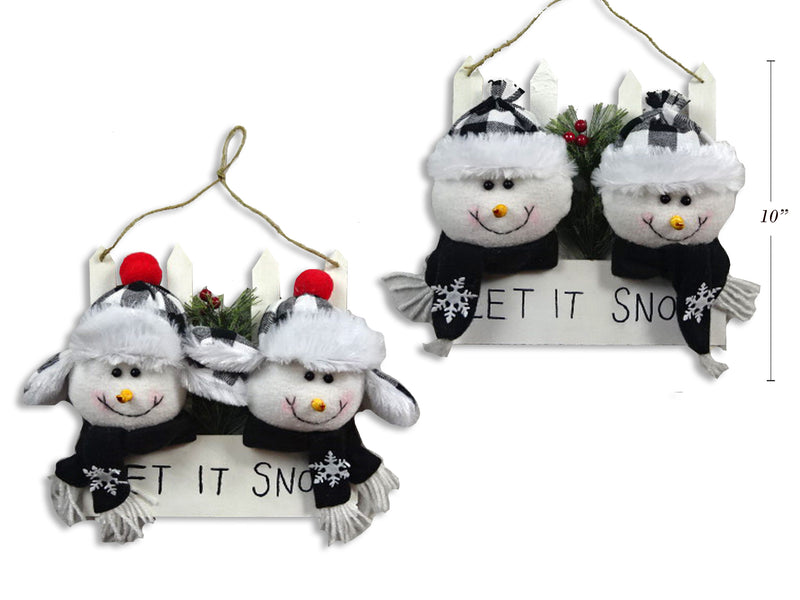 White And Black Buffalo Plaid Plush Snowman Welcome Fence Plaque