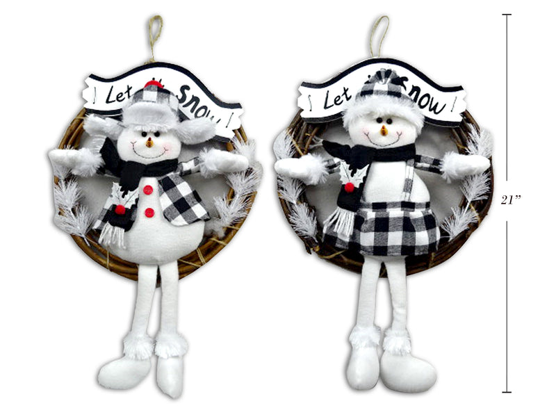 White And Black Buffalo Plaid Snowman Welcome Wreath