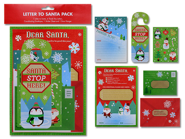 Set/12 Letter to Santa Set. Incl:DoorHanger/Wish List+Envelopes/Stickers/4xLetters+Envelopes.pbh.