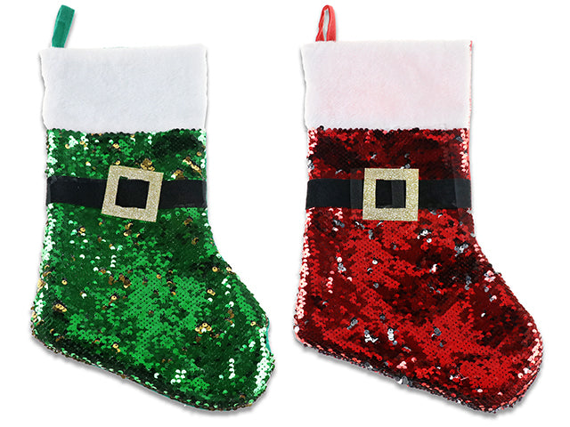 17.5in Xmas Flip Sequin Stocking w/Glitter Buckle Plush Trim. 7-1/8in(W). 2 Cols. J-hook. Cht.