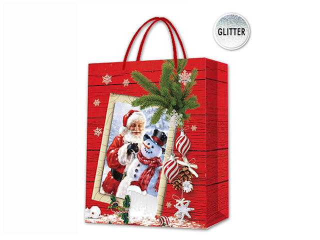 XMAS MATTE W/GLITTER TRADITIONAL FRAMED SANTA GIFTBAG-LARGE. RED SATIN