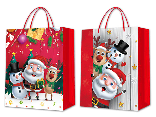 XMAS MATTE CARTOON SANTA GIFTBAG - LARGE. RED SATIN HANDLE. 2 ASST. J-