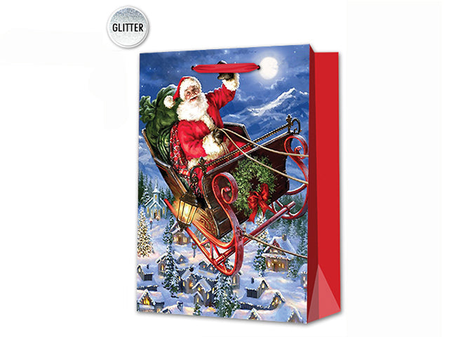 XMAS MATTE W/GLITTER TRADITIONAL SANTA GIFTBAG -MEDIUM. RED SATIN HAND