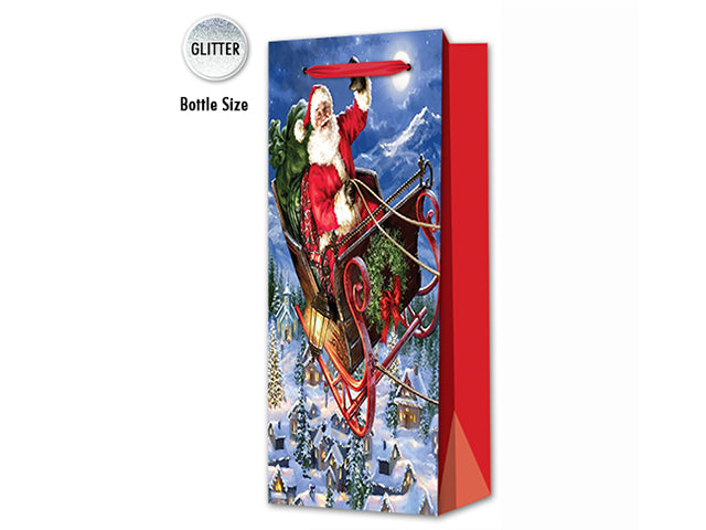 XMAS MATTE W/GLITTER TRADITIONAL SANTA GIFTBAG -BOTTLE. RED SATIN HAND