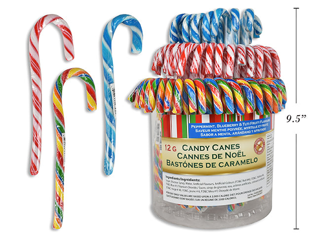 12g Indiv. Shrink Wrapped Candy Canes in PVC Tub. 3 Asst. Blue+White/Red+White/Rainbow. 100pcs/Tub.