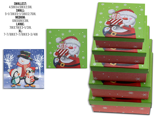 SET/5 XMAS MATTE POP-UP W/GLITTER SANTA / SNOWMAN GIFT BOXES.