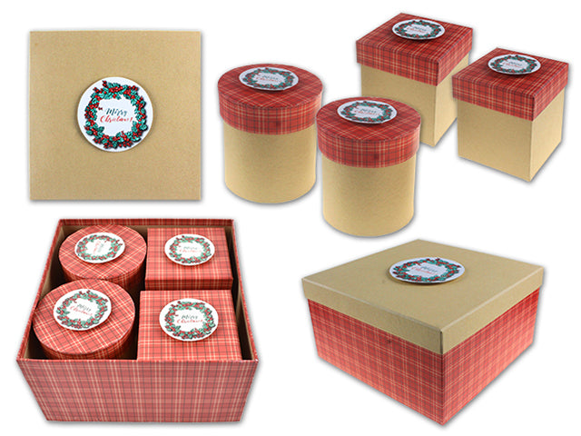 Set/5 Xmas Kraft Square Gift Boxes w/Tip-on. Incl:1-Large Square/2-Small Square/2-Small Round.