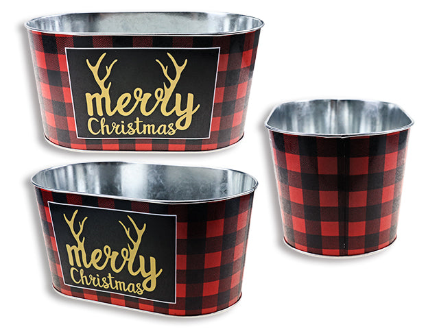 Christmas Buffalo Plaid Oblong Metal Bucket