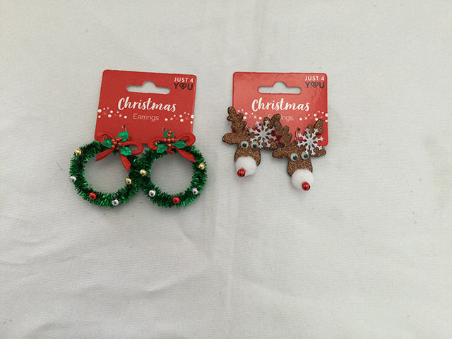 2pk Xmas Earrings w/Beads. 2 Asst.: Wreath / Reindeer. T.o.c.