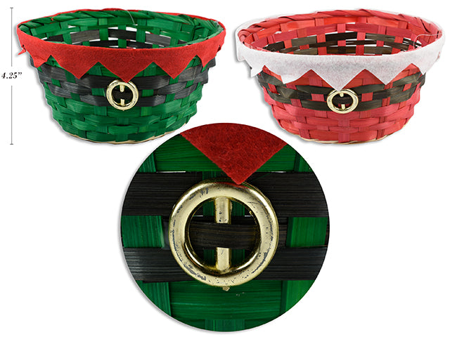 9.25In(D) Round Santa/Elf Suit W/Metal Buckle Bamboo Basket. 4.25In(H).