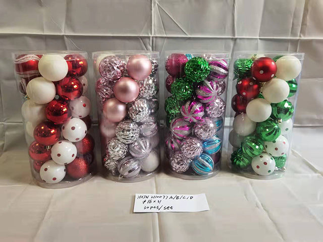 30pk 60mm Xmas Ball Ornaments w/Gold String. Assorted Styles/Pack. 4 Asst. PVC Tube w/Label.