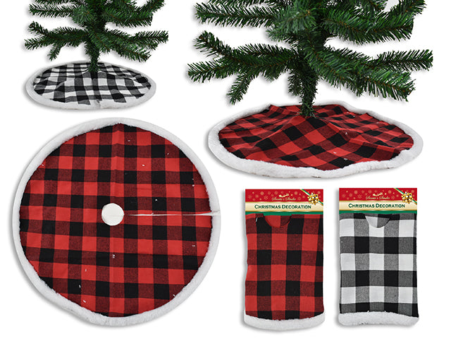 18in Xmas Buffalo Plaid Tree Skirt w/Plush Border. 2 Cols: White+Black / Red+Black. h/c.