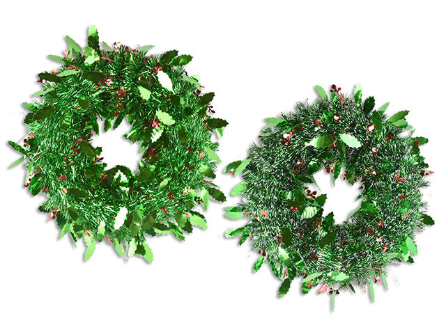 15In(D) Xmas Holly Leaves & Berries Tinsel Wreath. 2 Asst.: Green / Snow Tipped. H/C.