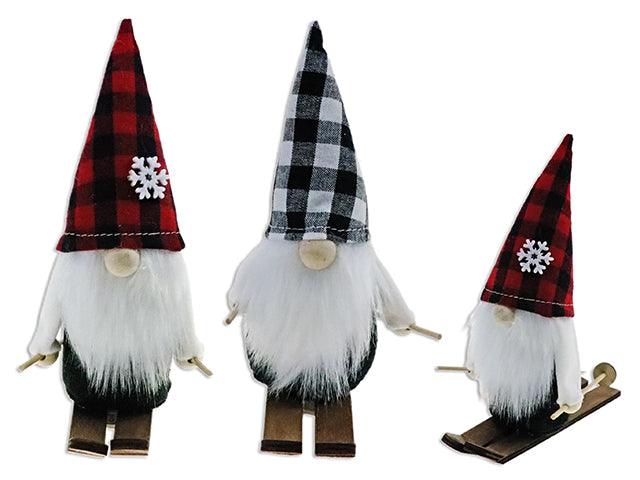 6.25in(H) Xmas Skiing Gnome w/Snowflake Buffalo Plaid Hat. 2 Cols: Black+White / Red+White. Cht.