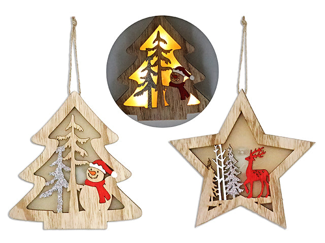 Xmas B/O LED L/U Die-Cut Layered Sparkle PVC Wooden Ornament. 2 Asst: Star / Xmas Tree. Cht.