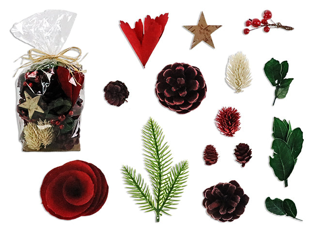 20 / 23pcs Xmas Pine Cone Assortments in Cello Bag w/Raffia Ribbon. 2 Asst.Styles. Cht.