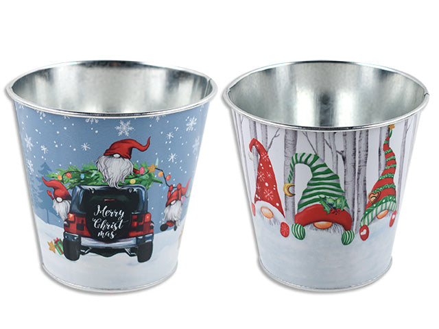 4.75In(D) X 4.5In(H) Xmas Gnome Round Metal Bucket. 2 Asst.Styles.