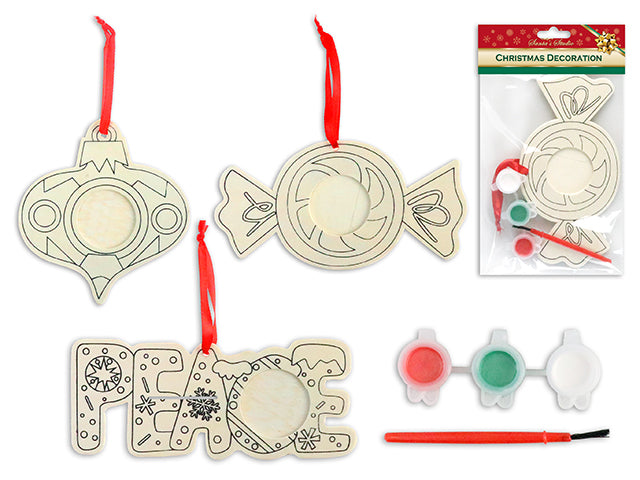 8.5in x 4.5in Xmas Colour Your Own Wooden Ornament Craft Set. 3 Asst.Styles. Pbh.