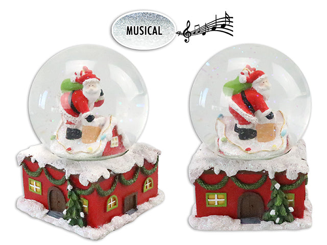 6-1/8in x 4-1/3in Xmas Wind-Up Musical Santa Polyresin Water Globe. Colour Box.