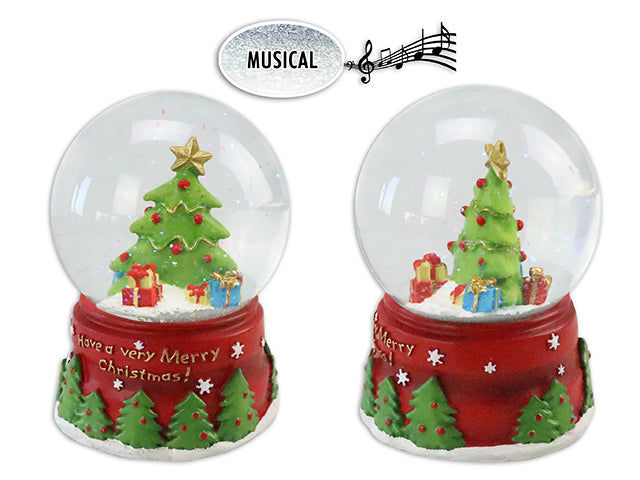 6-1/8in x 4-1/3in Wind-Up Musical Xmas Tree Polyresin Water Globe. Colour Box.