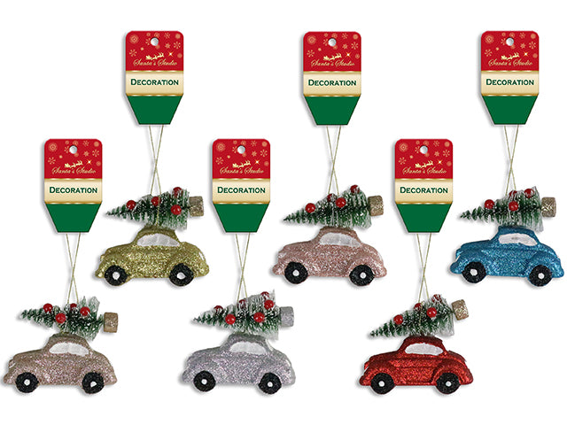 3-1/8in x 3.75in Glitter Xmas Truck w/Tree Ornament. 6 Asst.Colours. h/c.