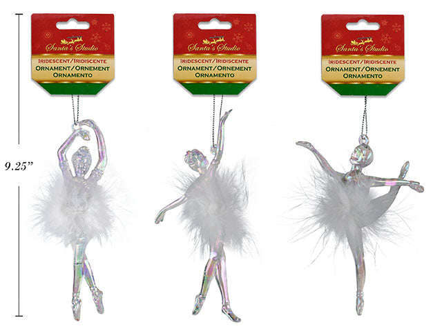 6In X 3-1/8In Xmas Iridescent Ballerina W/Feather Tutu Ornament. 3 Asst.Styles. H/C.