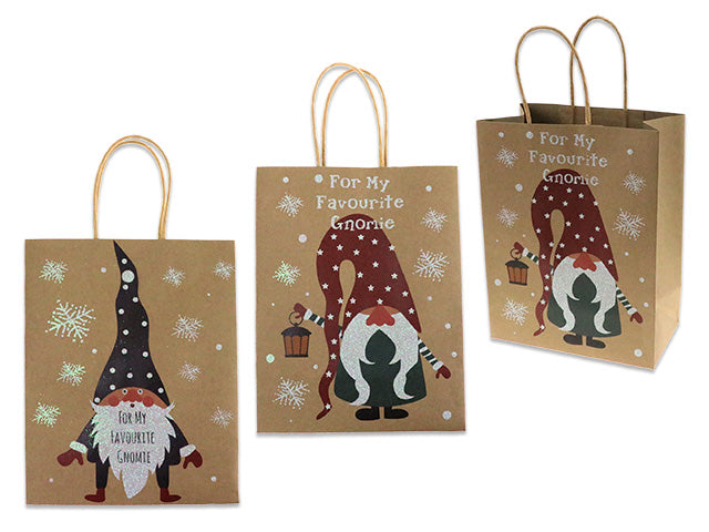 2pk Glitter Xmas GNOME Kraft Giftbag - Medium. Brown Kraft w/Twisted Brown Paper Handle. h/c.