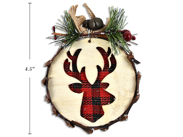 4.5In(H) Wooden Farmhouse Plaid 2Layered Reindeer Ornament W/Pines And 3 Bells & Canvas Bow. H/C.