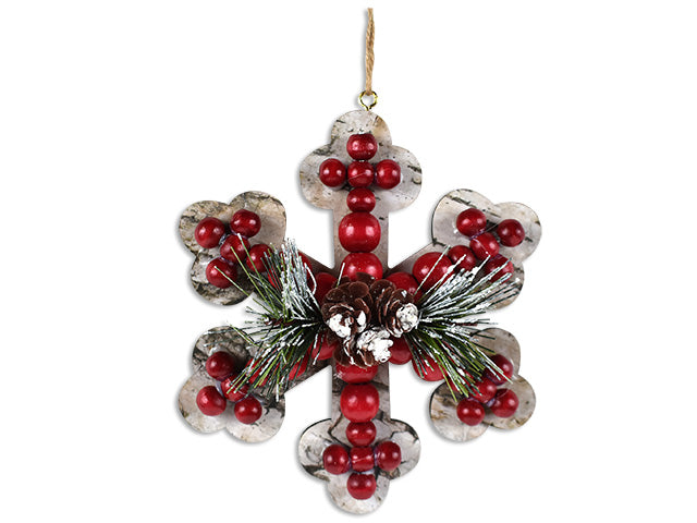 5.25In(H) Xmas Beaded Mdf Snowflake Ornament W/ Pine Cones. Jute Hanger. H/C.