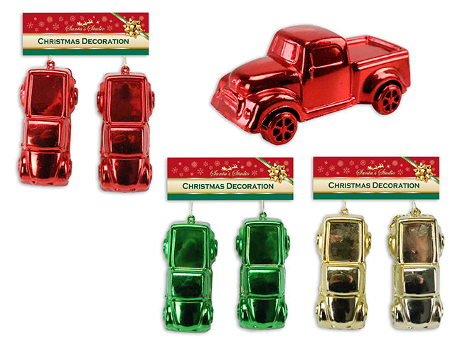 2pk 4.25in x 1.75in Xmas Truck Ornament. 3 Asst.Cols: Red / Gold / Silver. h/c.