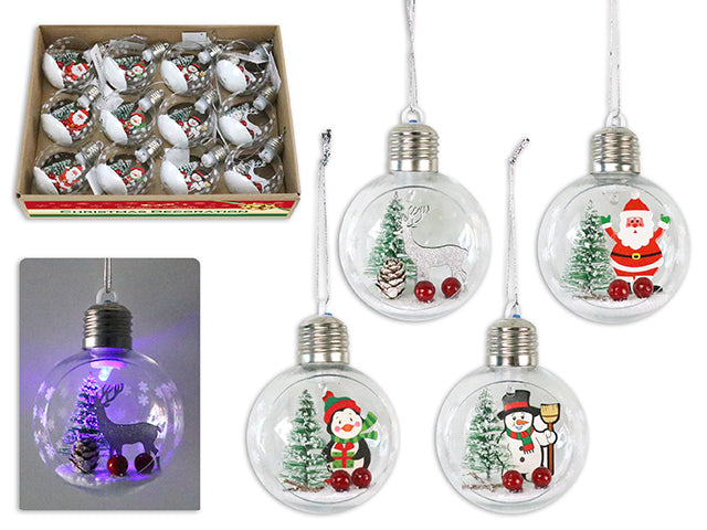 80Mm B/O Led Xmas Snow Scene Ball Ornament In Display. 4 Asst.Styles. 12/Dsp.