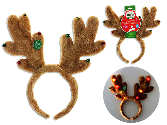 10in Xmas B/O 6-LED Plush Reindeer Antler Headband. h/c.