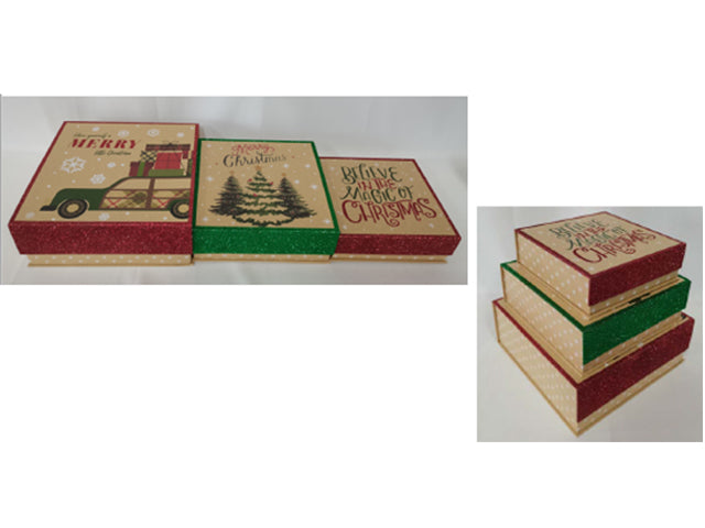 Set/3 Xmas Kraft Glitter Flip Top Square Gift Boxes w/Magnetic Closure.